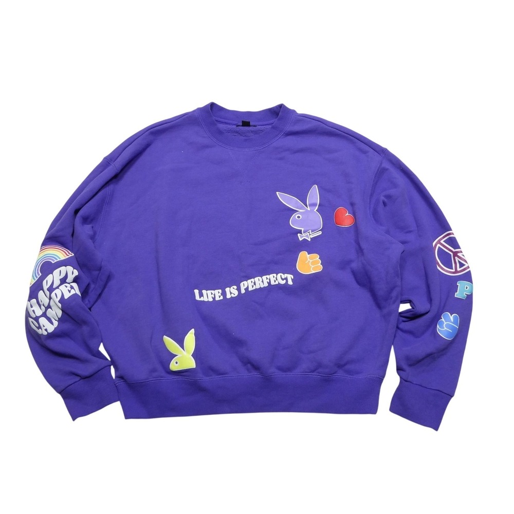 Playboy PacSun Sweatshirt Adult Small Purple Crewneck Happy Camper Life Perfect